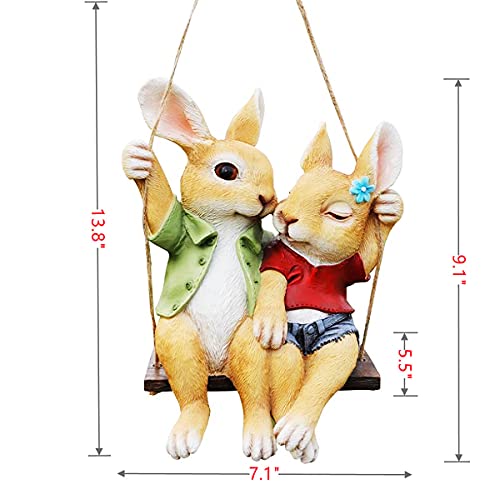 iRonrain Garden Statue Swing Bunny Couples, Indoor Outdoor Hanging Rabbits Lover Sculpture Funny Simulation Art Décor Figurine Ornament for Fence Pathway Backyard Landscape Tree Decorations - Image 2