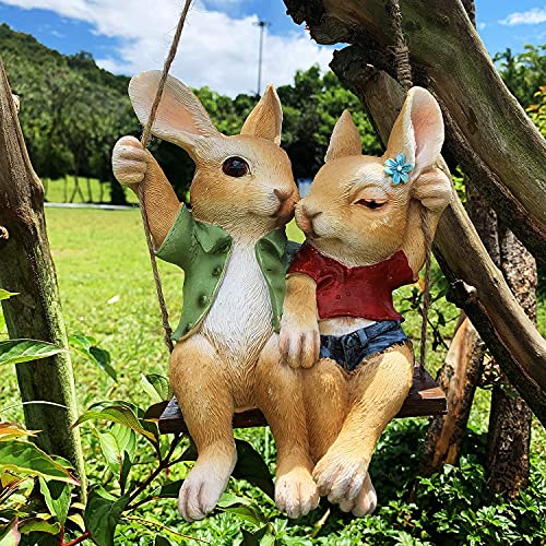 iRonrain Garden Statue Swing Bunny Couples, Indoor Outdoor Hanging Rabbits Lover Sculpture Funny Simulation Art Décor Figurine Ornament for Fence Pathway Backyard Landscape Tree Decorations - Image 4