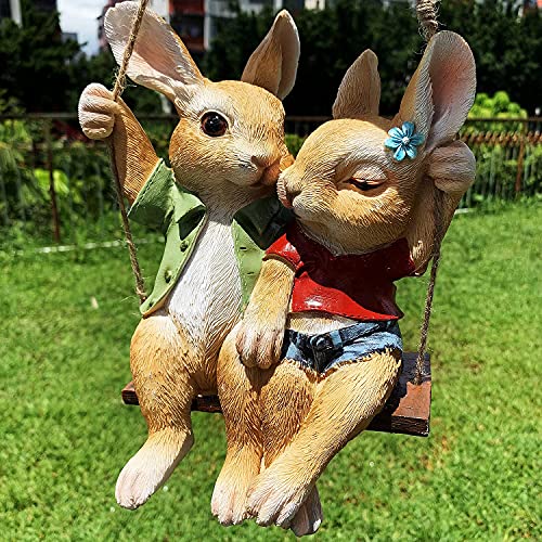 iRonrain Garden Statue Swing Bunny Couples, Indoor Outdoor Hanging Rabbits Lover Sculpture Funny Simulation Art Décor Figurine Ornament for Fence Pathway Backyard Landscape Tree Decorations - Image 3