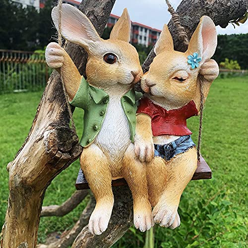 iRonrain Garden Statue Swing Bunny Couples, Indoor Outdoor Hanging Rabbits Lover Sculpture Funny Simulation Art Décor Figurine Ornament for Fence Pathway Backyard Landscape Tree Decorations - Image 1
