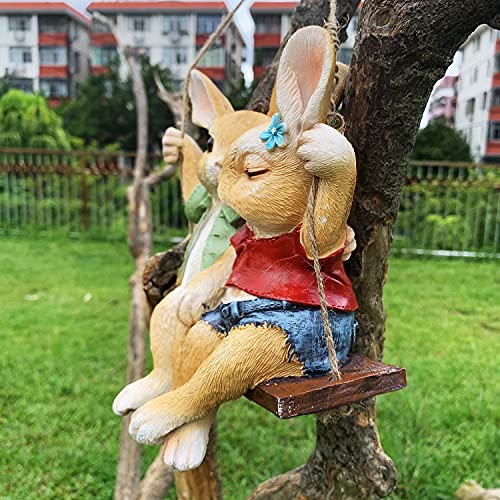iRonrain Garden Statue Swing Bunny Couples, Indoor Outdoor Hanging Rabbits Lover Sculpture Funny Simulation Art Décor Figurine Ornament for Fence Pathway Backyard Landscape Tree Decorations - Image 5