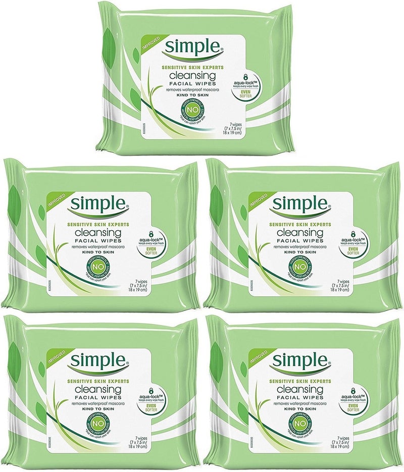Simple Kind To Skin Cleansing Facial Wipes, Travel Pack, 7-Count (Pack of 5)