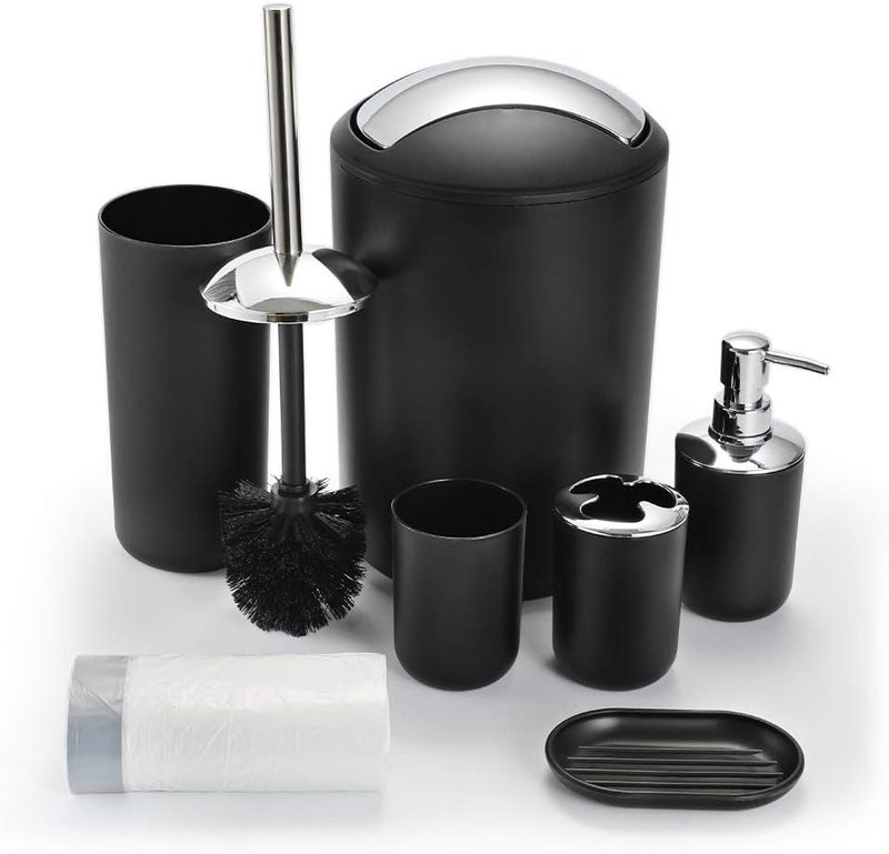 UYCCIMB Bathroom Sets Accessories,Plastic 6 Piece Bathroom Accessory Set Bathroom Trash Can Set with Drawstring Trash Bags,Toothbrush Holder Set,Soap Dispenser,Tooth Mug,Soap Dish,Toilet Brush Holder(Black) - Image 1