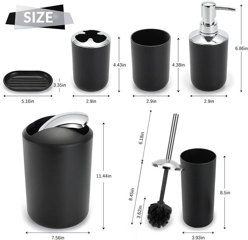 UYCCIMB Bathroom Sets Accessories,Plastic 6 Piece Bathroom Accessory Set Bathroom Trash Can Set with Drawstring Trash Bags,Toothbrush Holder Set,Soap Dispenser,Tooth Mug,Soap Dish,Toilet Brush Holder(Black) - Image 2