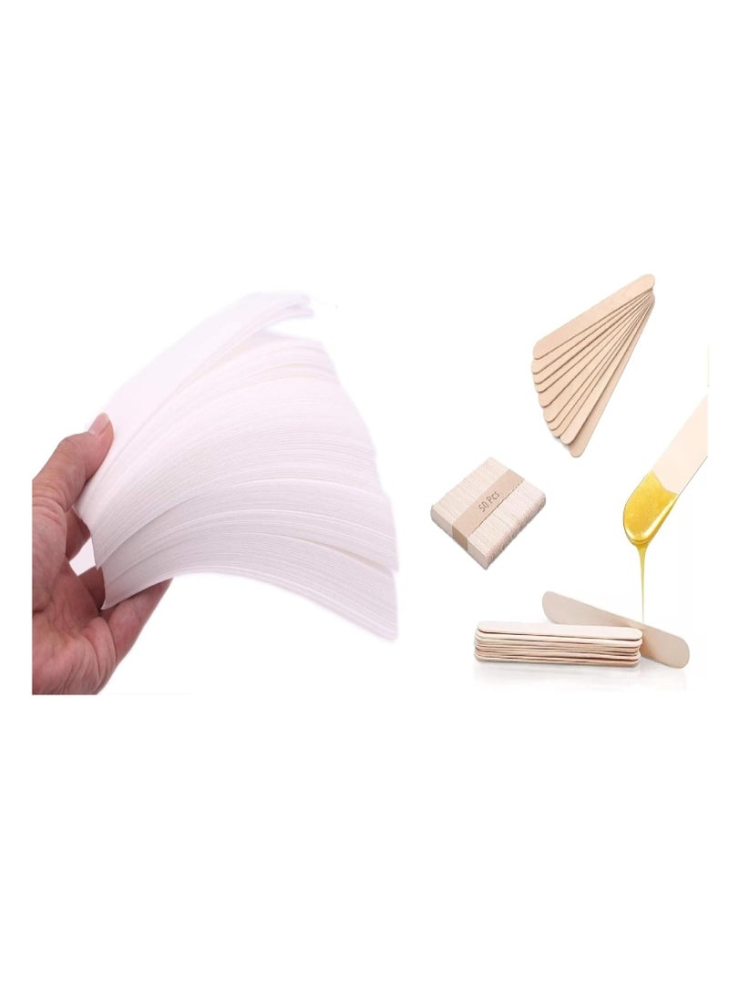 Depilatory Paper and Wax Sticks Hair Removal Tear Resistant Waxing Strip and Wooden Natural Smooth and Durable Wax Applicator Sticks (100 Depilatory Papers and 50 Wax Sticks) - Image 1