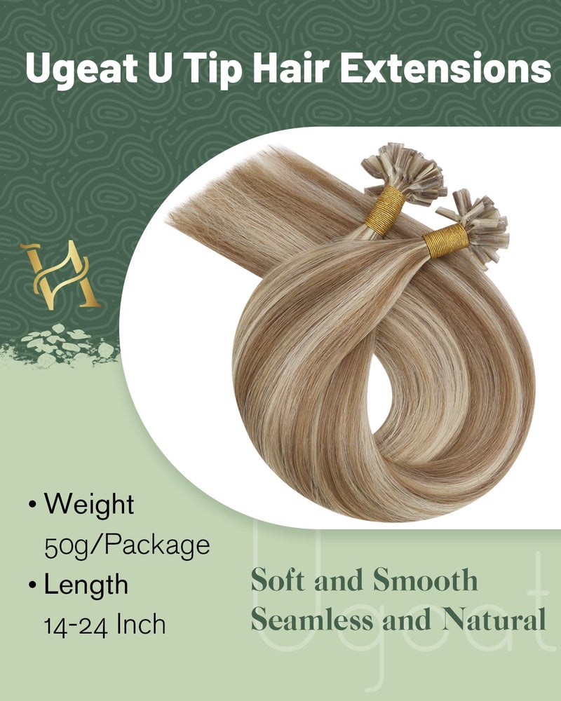 Ugeat Ktips Human Hair Extensions Highlights U Tip Hair Extensions Human Hair Golden Brown Highlights Bleach Blonde Keratin Tip Invisible and Long Lasting 18 Inch 50S 50G - Image 3
