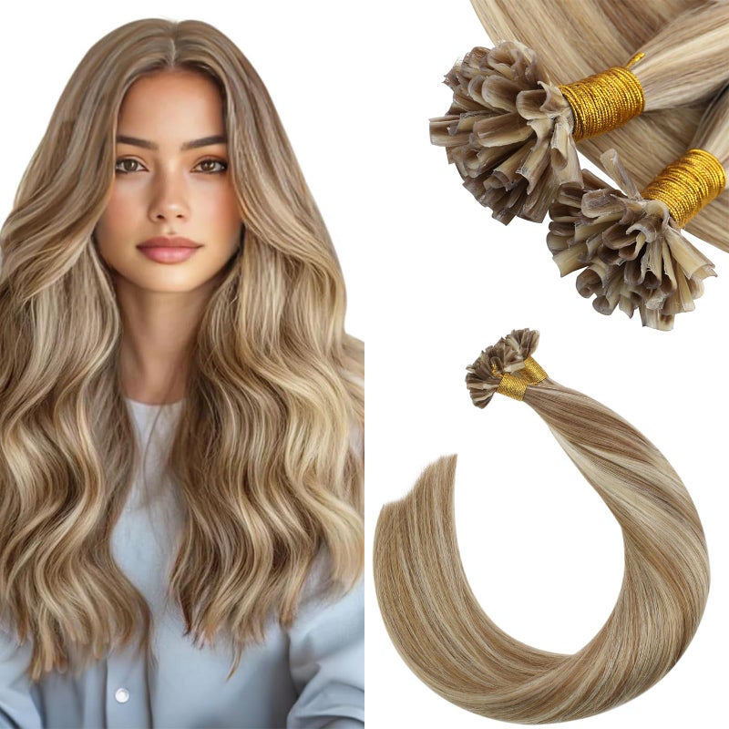 Ugeat Ktips Human Hair Extensions Highlights U Tip Hair Extensions Human Hair Golden Brown Highlights Bleach Blonde Keratin Tip Invisible and Long Lasting 18 Inch 50S 50G - Image 1
