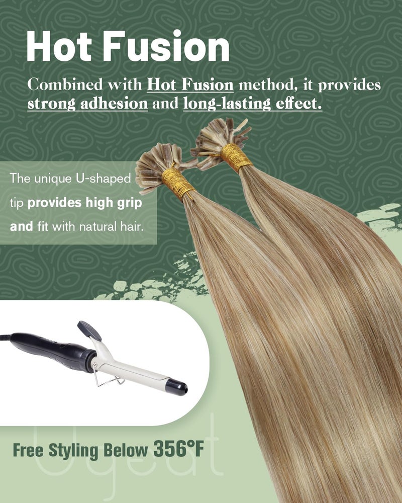 Ugeat Ktips Human Hair Extensions Highlights U Tip Hair Extensions Human Hair Golden Brown Highlights Bleach Blonde Keratin Tip Invisible and Long Lasting 18 Inch 50S 50G - Image 4