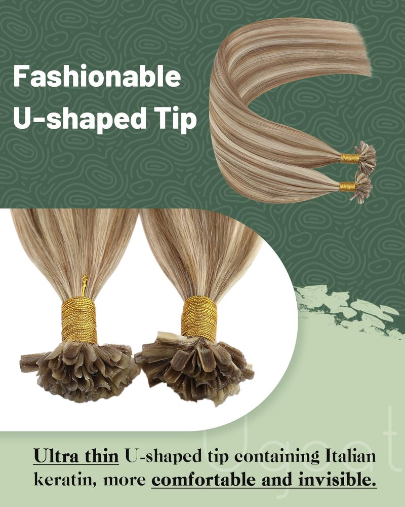 Ugeat Ktips Human Hair Extensions Highlights U Tip Hair Extensions Human Hair Golden Brown Highlights Bleach Blonde Keratin Tip Invisible and Long Lasting 18 Inch 50S 50G - Image 2