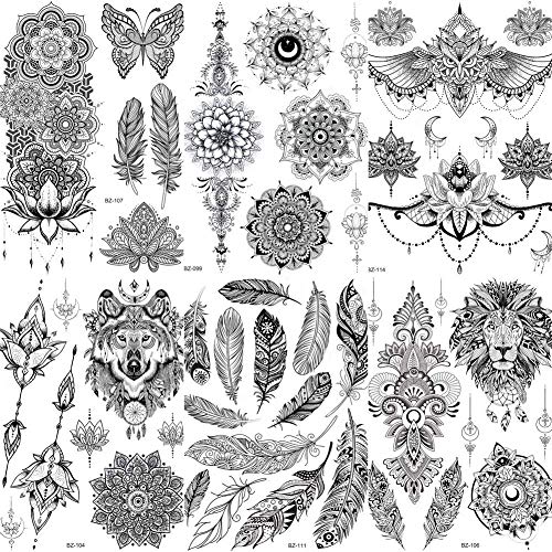 COKTAK 6 Pieces/Lot Unique Black Henna Temporary Tattoo Stickers For Adults Women Girls Feather Mandala Flower Body Art Large Big Arm Tattoos Sheet Lace Indian Mehndi Sexy Wedding Tatoos OWL - Image 2
