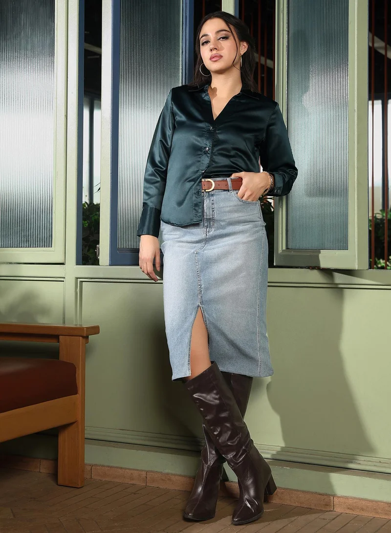 PINACOLADA  Women's Emerald Green Satin Tailored Shirt for Women | Best Price UAE