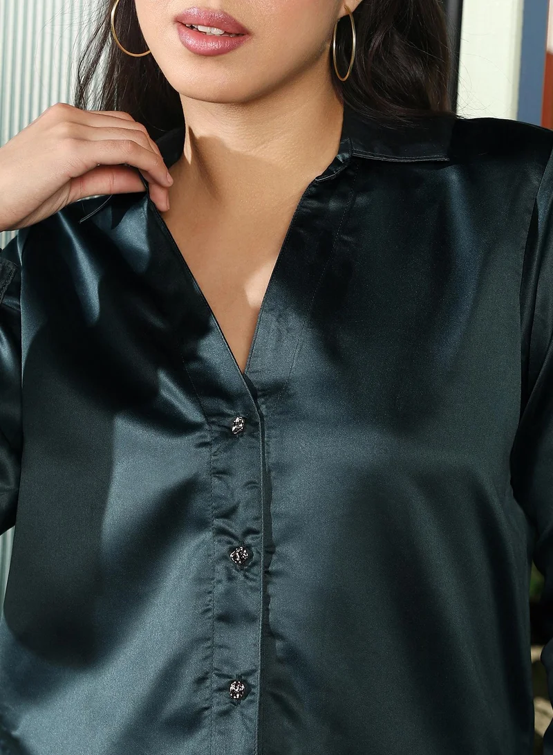 PINACOLADA  Women's Emerald Green Satin Tailored Shirt for Women | Best Price UAE