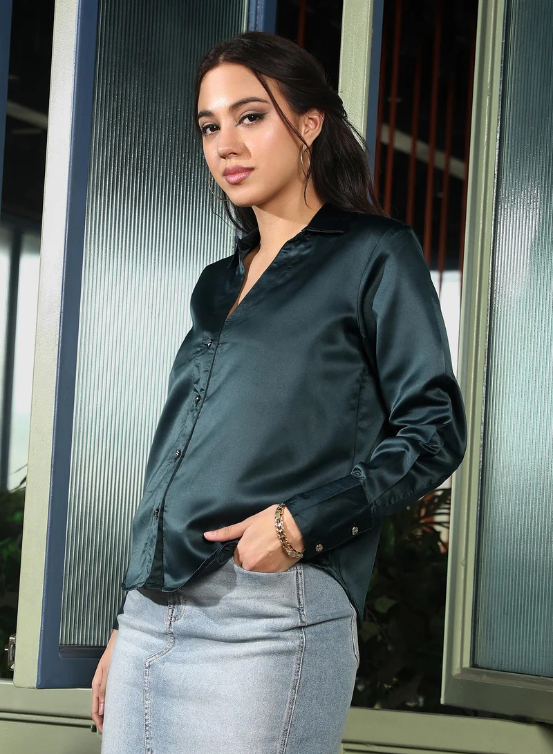 PINACOLADA  Women's Emerald Green Satin Tailored Shirt for Women | Best Price UAE