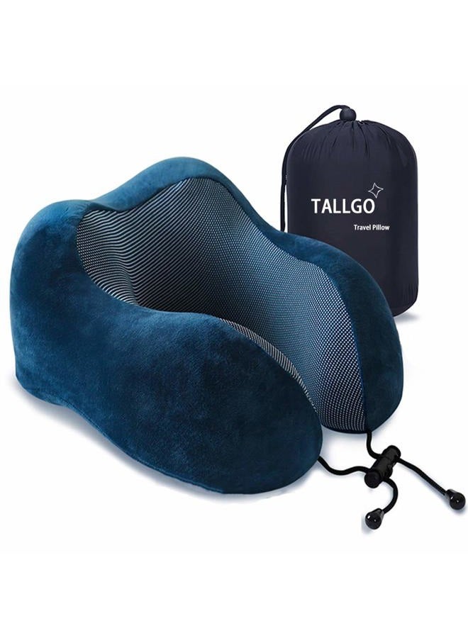 TALLGO وسادة سفر، أفضل وسادة رقبة من فوم الذاكرة لدعم الرأس وسادة ناعمة للنوم والراحة، للاستخدام في الطائرة والسيارة والمنزل (أزرق داكن) - Image 1