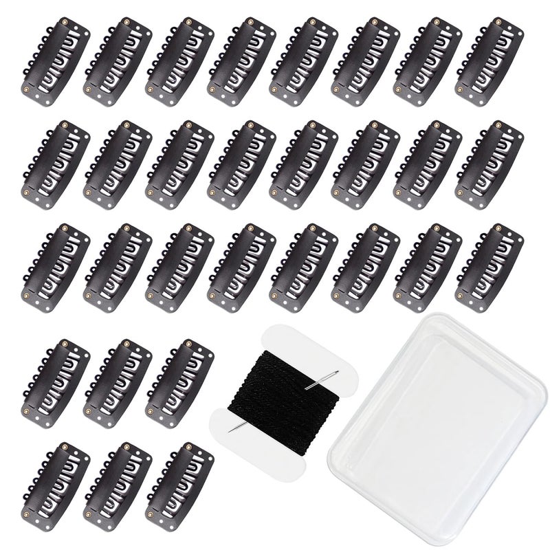 uadbau 30 Pcs 32mm 6-Teeth U-Shape Wig Clips for Clip-in Hair Extensions, with DIY Needle and Thread Kit â€“ Snap Hair Clips for Hair Extensions Clip-ins (Black) - Image 1
