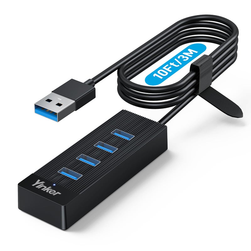 Yinker 4 Port USB 3.0 Hub 10FT Long Cable with 5 Gbps & 5V USB-C Power Supply for Laptop Desktop PC â€“ USB Hub Splitter Extender Expander Compatible with Mac, Windows - Image 1