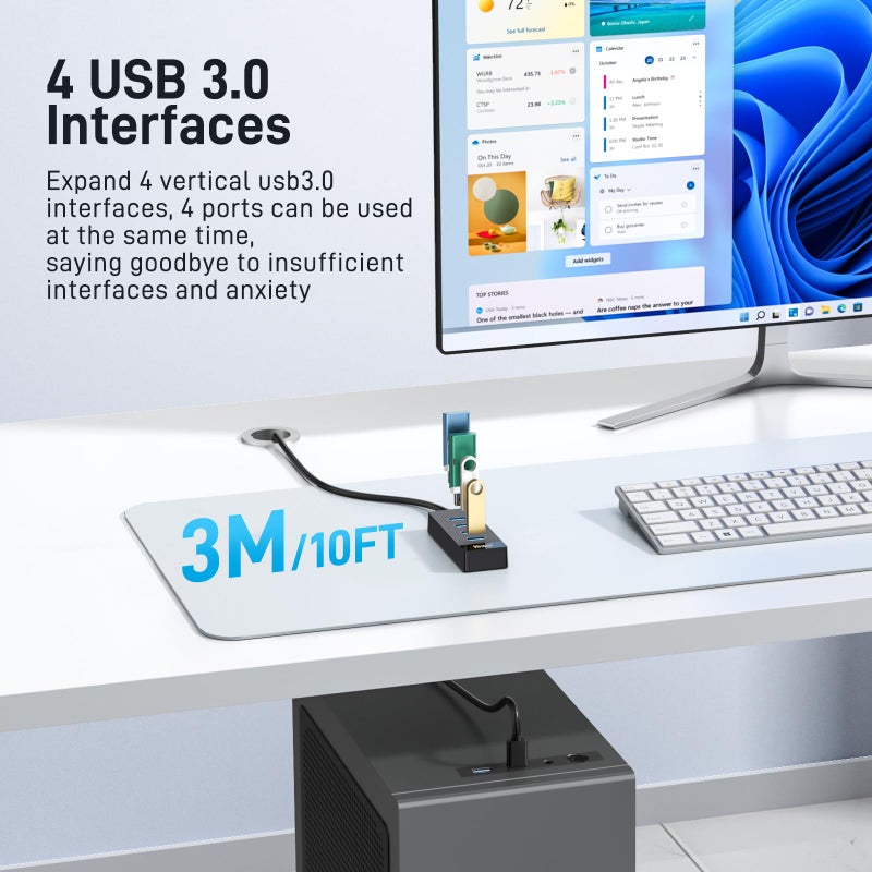 Yinker 4 Port USB 3.0 Hub 10FT Long Cable with 5 Gbps & 5V USB-C Power Supply for Laptop Desktop PC â€“ USB Hub Splitter Extender Expander Compatible with Mac, Windows - Image 2