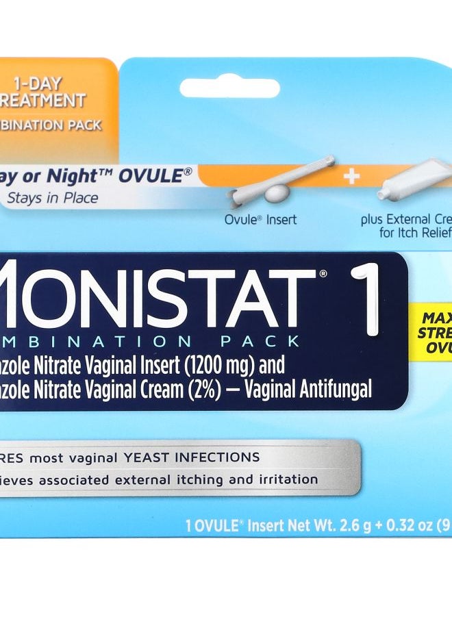 Monistat 1-Day Treatment Combination Pack Day or Night Ovule Maximum Strength 1 Ovule Insert 2.6 g + 0.32 oz (9 g) Tube 