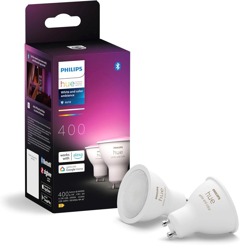 Philips hue فيلبس هيو سمارت GU10 سبوت، ضوء أبيض وملون (عبوة 2)، متوافق مع البلوتوث، تحكم صوتي مع أليكسا، أبل هوم وجوجل أسيستانت - Image 1