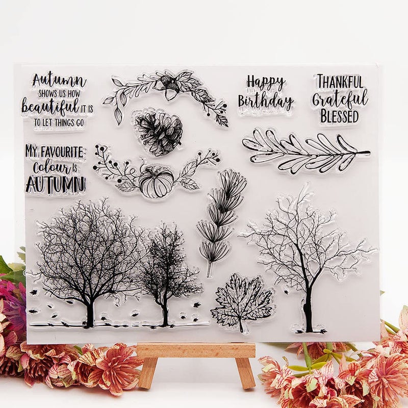 Autumn Fall Pines Pine Nuts Pinecone Clear Stamps Pumpkin Winter Maple Leaves Pattern Transparent Seal Stamps for Holiday Card Making Decoration and DIY Scrapbooking Album DIY Crafts
