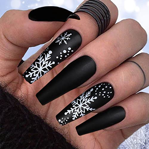 Uranian Christmas Press on Nails Black Extra Long Coffin Fake Nails Snowflake Matte False Nails with Designs Full Cover Acrylic Glue on Nails for Women and Girls 24pcs SnowflakeBlack - Image 2