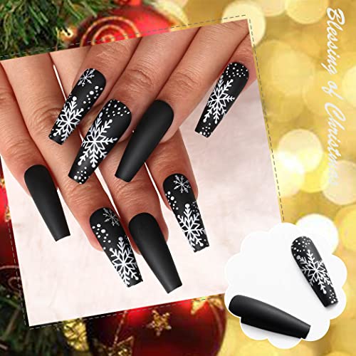 Uranian Christmas Press on Nails Black Extra Long Coffin Fake Nails Snowflake Matte False Nails with Designs Full Cover Acrylic Glue on Nails for Women and Girls 24pcs SnowflakeBlack - Image 5
