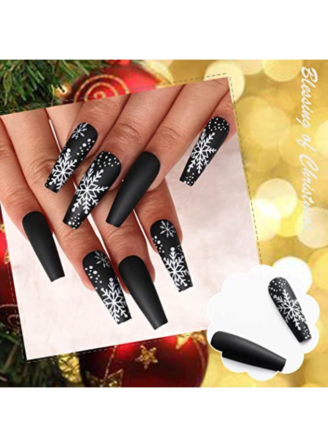 Uranian Christmas Press on Nails Black Extra Long Coffin Fake Nails Snowflake Matte False Nails with Designs Full Cover Acrylic Glue on Nails for Women and Girls 24pcs SnowflakeBlack - Image 4