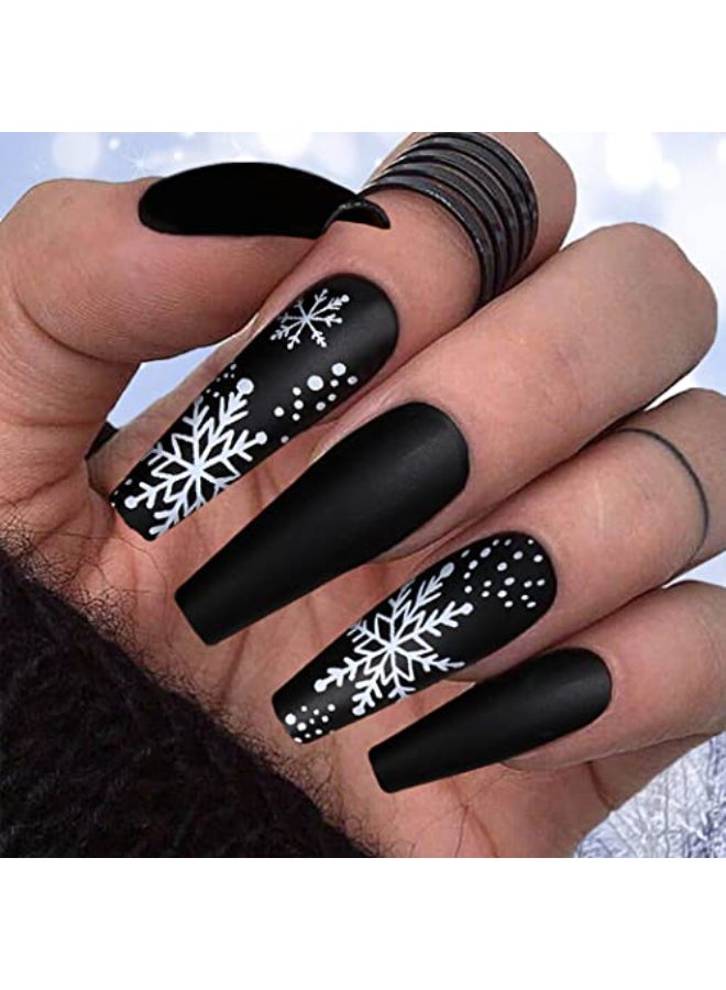 Uranian Christmas Press on Nails Black Extra Long Coffin Fake Nails Snowflake Matte False Nails with Designs Full Cover Acrylic Glue on Nails for Women and Girls 24pcs SnowflakeBlack - Image 1