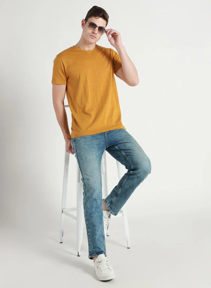 Dennis Lingo Mustard Slim Fit Crew Neck T-shirt for Men - 100% Cotton, Short Sleeve, Casual