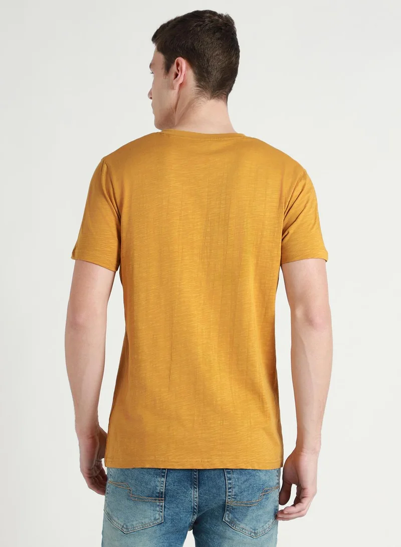 Dennis Lingo Mustard Slim Fit Crew Neck T-shirt for Men - 100% Cotton, Short Sleeve, Casual