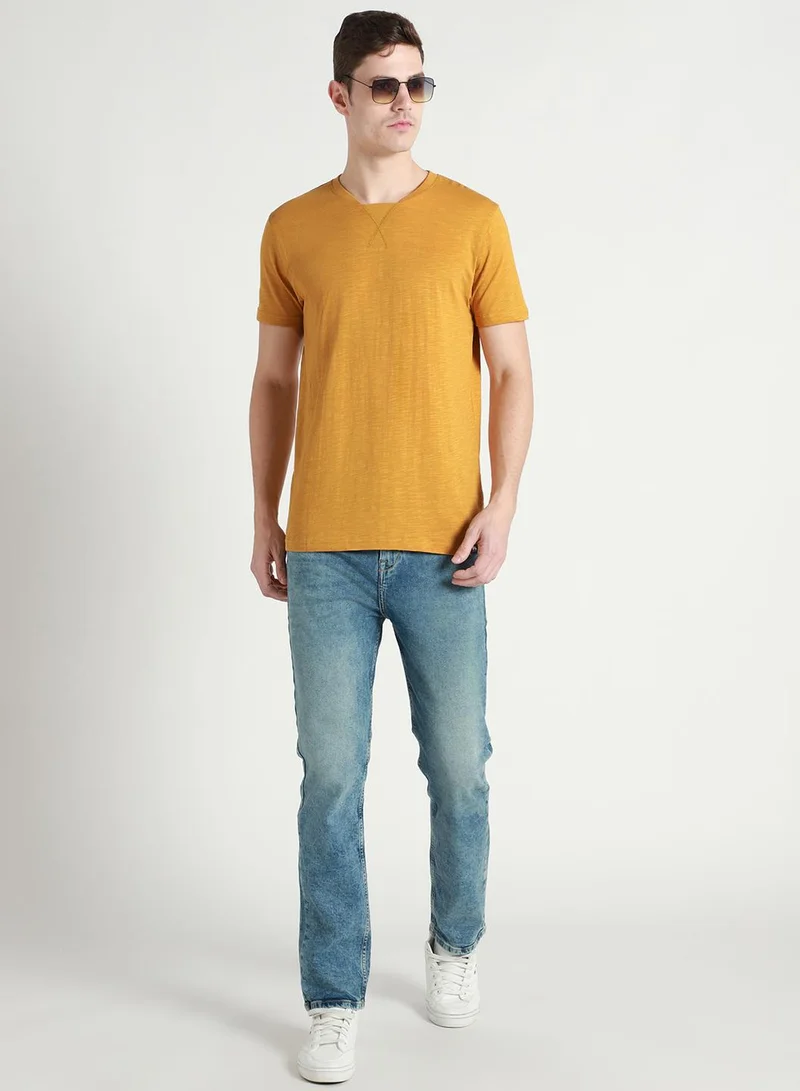 Dennis Lingo Mustard Slim Fit Crew Neck T-shirt for Men - 100% Cotton, Short Sleeve, Casual