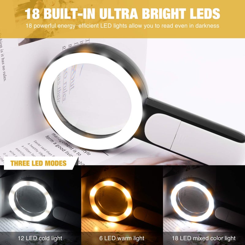 JMH Magnifying Glass with Light, 30X Handheld Large Magnifying Glass 18LED Cold and Warm Light with 3 Modes, Illuminated Lighted Magnifier for Seniors Reading, Coins, Jewelry - Image 5