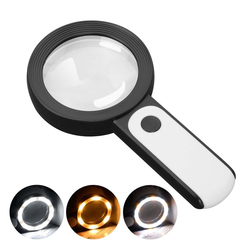 JMH Magnifying Glass with Light, 30X Handheld Large Magnifying Glass 18LED Cold and Warm Light with 3 Modes, Illuminated Lighted Magnifier for Seniors Reading, Coins, Jewelry - Image 1