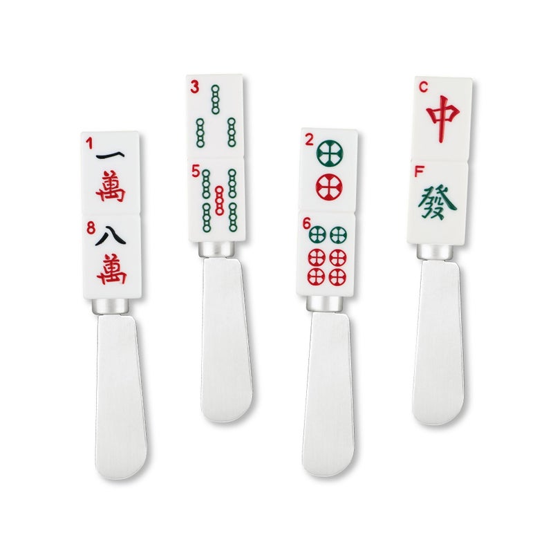 Wine Things Mahjong Tile Cheese Spreaders HandPainted Resin Handles with Stainless Steel Blades for Spreading Cream Cheese Butter and Jam Assorted Designs Set of 4