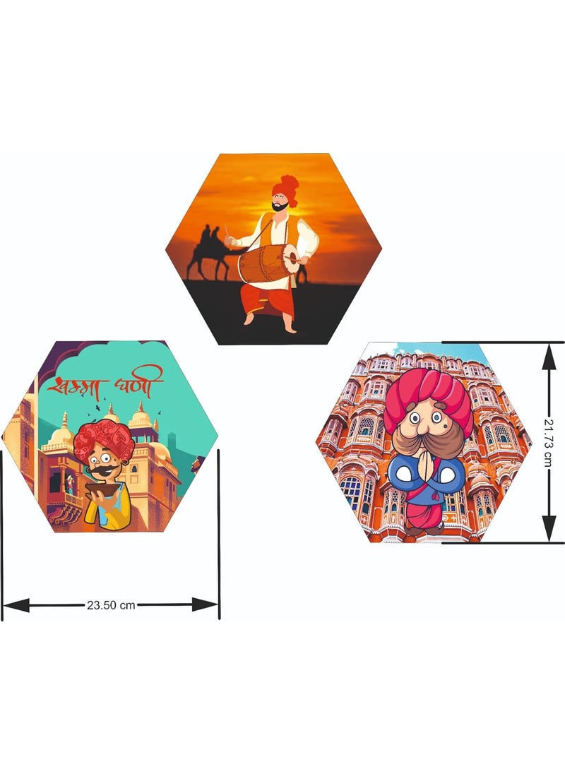 Webelkart Webelkart Premium Engineered Wood UV Print Set Of 3 Hexagon Rajasthani Theme Painting For Wall Decor, Paintings For Wall Decor, Wooden Wall Sculptures For Home And Living Room Decor  - Image 2