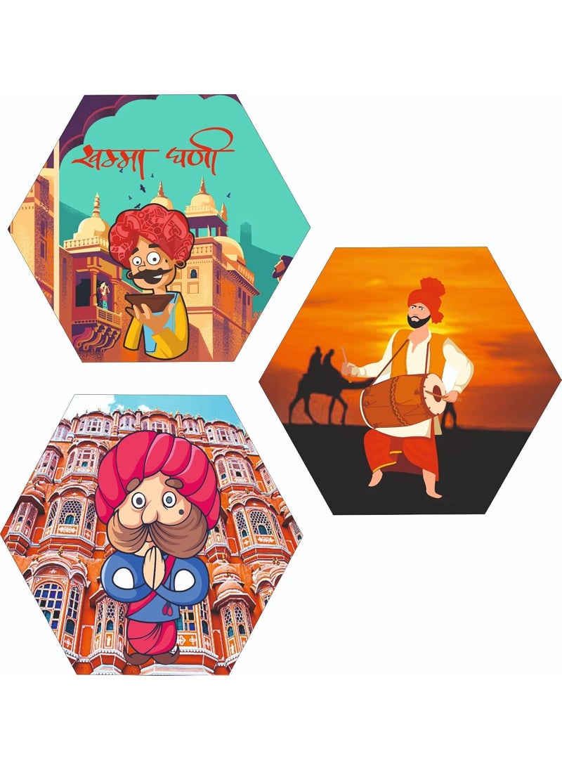 Webelkart Webelkart Premium Engineered Wood UV Print Set Of 3 Hexagon Rajasthani Theme Painting For Wall Decor, Paintings For Wall Decor, Wooden Wall Sculptures For Home And Living Room Decor  - Image 1