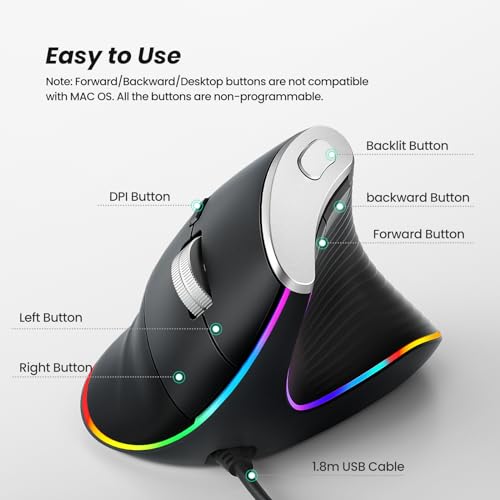 Nulea M504 Wired Vertical Mouse, USB Optical Ergonomic Mouse Wired with 4 Adjustable DPI, 11 RGB Backlight Modes, Compatible for Laptop, PC, Desktop, Mac, Black - Image 4