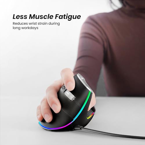 Nulea M504 Wired Vertical Mouse, USB Optical Ergonomic Mouse Wired with 4 Adjustable DPI, 11 RGB Backlight Modes, Compatible for Laptop, PC, Desktop, Mac, Black - Image 2