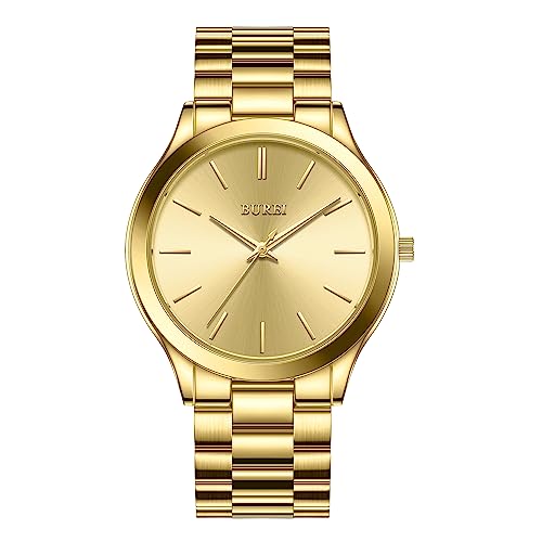 BUREI Fashion Business Men's Wrist Watches Stainless Steel Waterproof Quartz Watch for Man，Gifts for Men(All Gloden) - Image 1