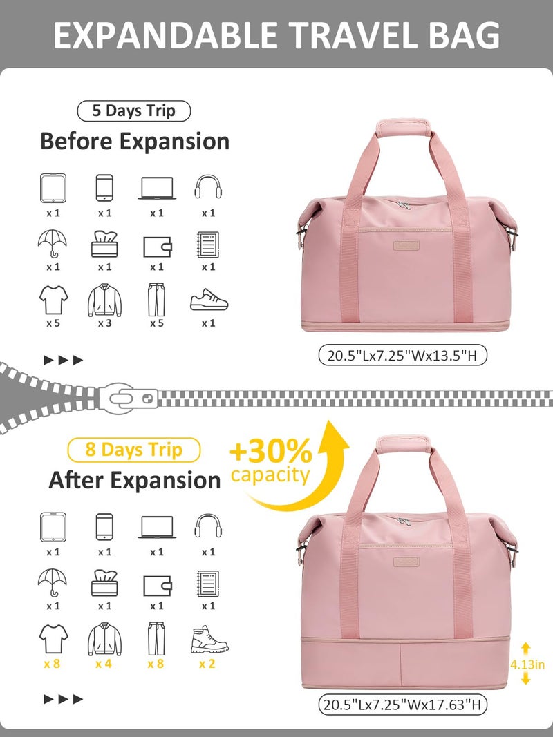 Capolo Expandable Travel Duffle Bag, Waterproof Weekender Overnight Bags for Women Men Hospital Bag for Women Labor Delivery Carry on Bag with Toiletry Bag for Travel Gym Airplanes(Pink, Large) - Image 3