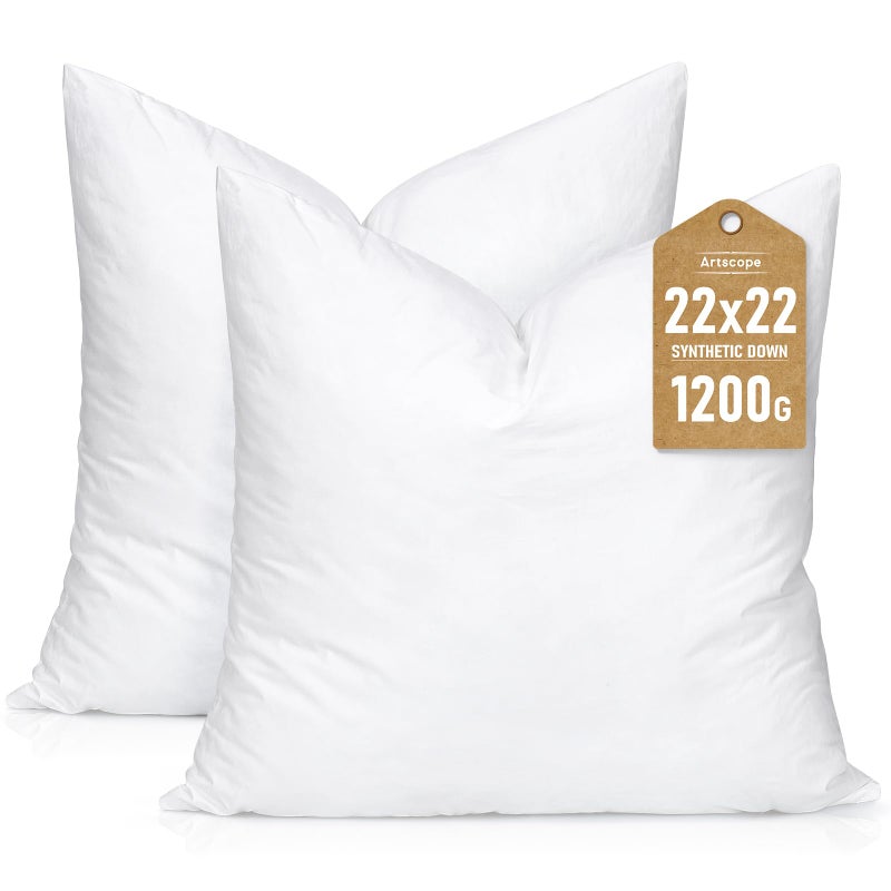 Artscope Synthetic Down Pillow Insert 22x22 Down Alternative Throw Pillow Insert Ultra Soft Fluffy Sleeping Pillow with 100 Cotton Cover Decorative Pillows Set of 2White