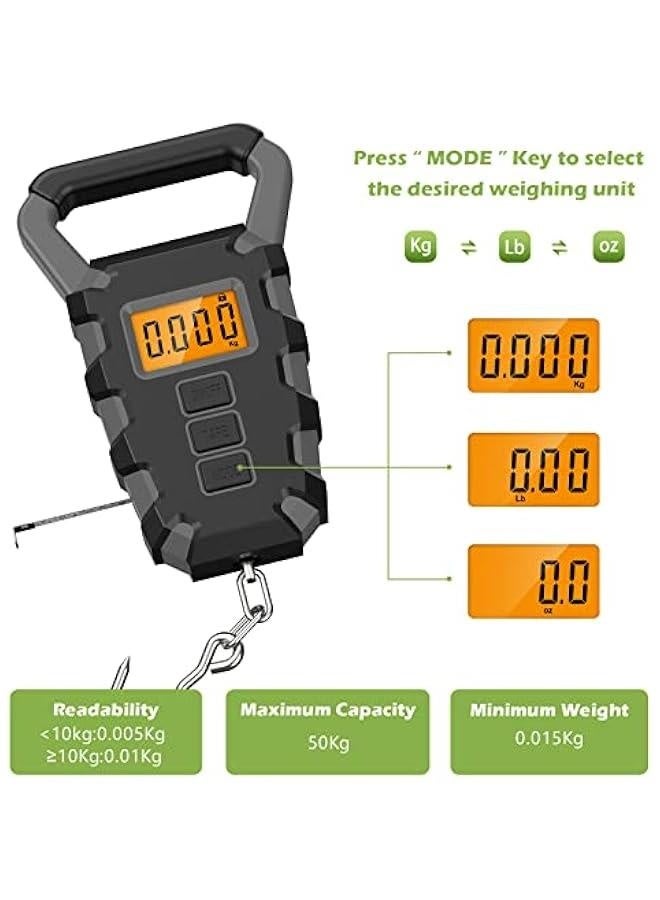 Digital Fishing Scale with Ruler, Backlit LCD Display Fishing Postal Hanging Hook Scale, 110lb/50kg Electronic Digital Luggage Scale with Measuring Tape,Waterproof (Batteries Included) - Grey - Image 4