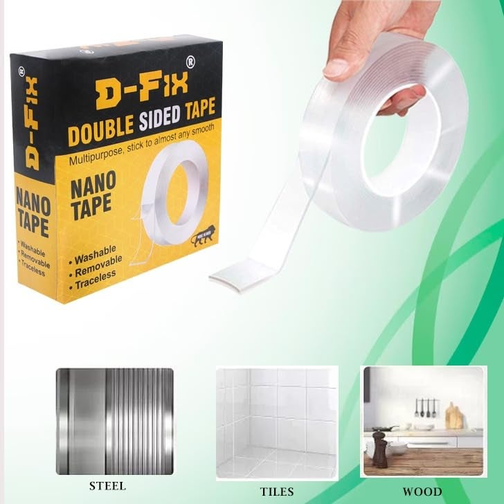 D-Fix ® شريط لاصق مزدوج الجوانب بطول 3 متر | شريط سيليكون نانو لاصق ثقيل 2 مم | مقاوم للحرارة، قابل للغسل، | شريط تثبيت شفاف قوي متعدد الاستخدامات للمنزل والمكتب - Image 4