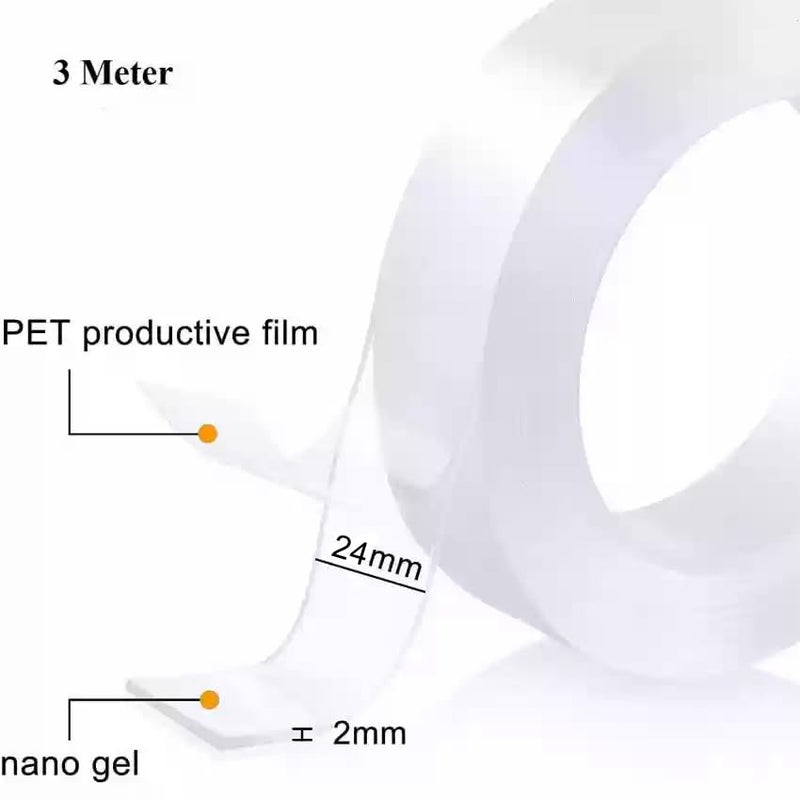 D-Fix ® شريط لاصق مزدوج الجوانب بطول 3 متر | شريط سيليكون نانو لاصق ثقيل 2 مم | مقاوم للحرارة، قابل للغسل، | شريط تثبيت شفاف قوي متعدد الاستخدامات للمنزل والمكتب - Image 2