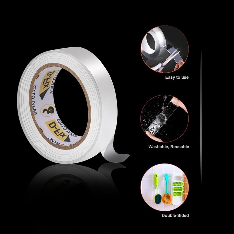 D-Fix ® شريط لاصق مزدوج الجوانب بطول 3 متر | شريط سيليكون نانو لاصق ثقيل 2 مم | مقاوم للحرارة، قابل للغسل، | شريط تثبيت شفاف قوي متعدد الاستخدامات للمنزل والمكتب - Image 5