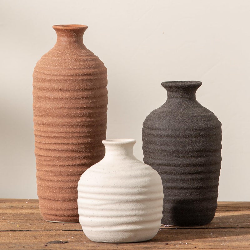 Dobbyby Ceramic Vase Set of 3 Neutral Decorative Vase for Farmhouse, Boho, or Rustic Home Decor Pottery Vases for Pampas Grass Living Room Bedroom Table Mantel Entryway Shelf (01-Brown) - Image 1