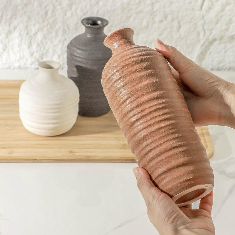 Dobbyby Ceramic Vase Set of 3 Neutral Decorative Vase for Farmhouse, Boho, or Rustic Home Decor Pottery Vases for Pampas Grass Living Room Bedroom Table Mantel Entryway Shelf (01-Brown) - Image 3