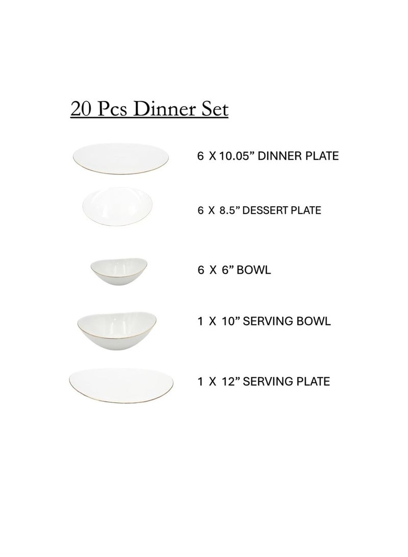 Houzi Houzi 20 Pcs Gold line Opal ware Dinner set 6 x dinner plate 6 x dessert plate 6 x bowl 1 x serving bowl 1 x serving plate  - Image 2