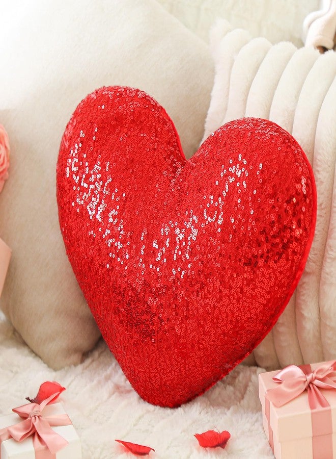 Yookeer Valentine's Day Heart Shaped Pillow 14 x 12 Inch Glitzy Sequin Throw Pillows Solid Soft Shiny Cushion for Women Valentine Wedding Anniversary Decor for Bed Couch(Red) - Image 1