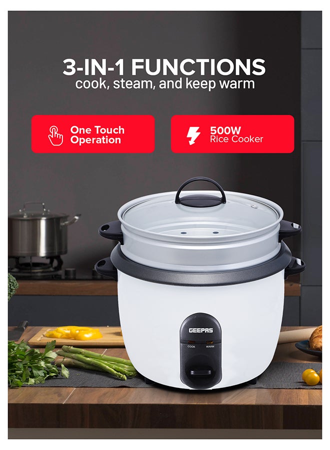GEEPAS Automatic Rice Cooker - Steam Vent Lid & Simple One Touch Operation |Make Rice, Steam Healthy Food & Vegetables, 3 In 1 Functions, Tempered Glass LID 1.5 L 500 W GRC35011 White/Black/Clear - Image 2
